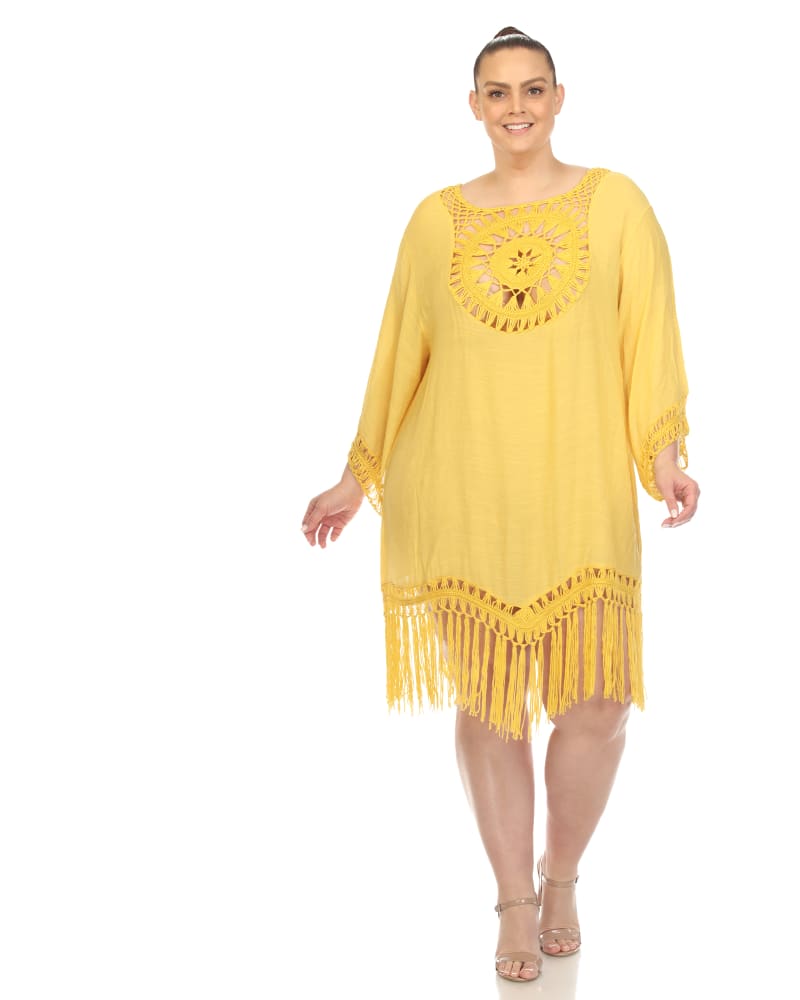 Front of a model wearing a size One Size White Mark Crocheted Fringed Trim Dress Cover Up in Yellow by White Mark. | dia_product_style_image_id:291972